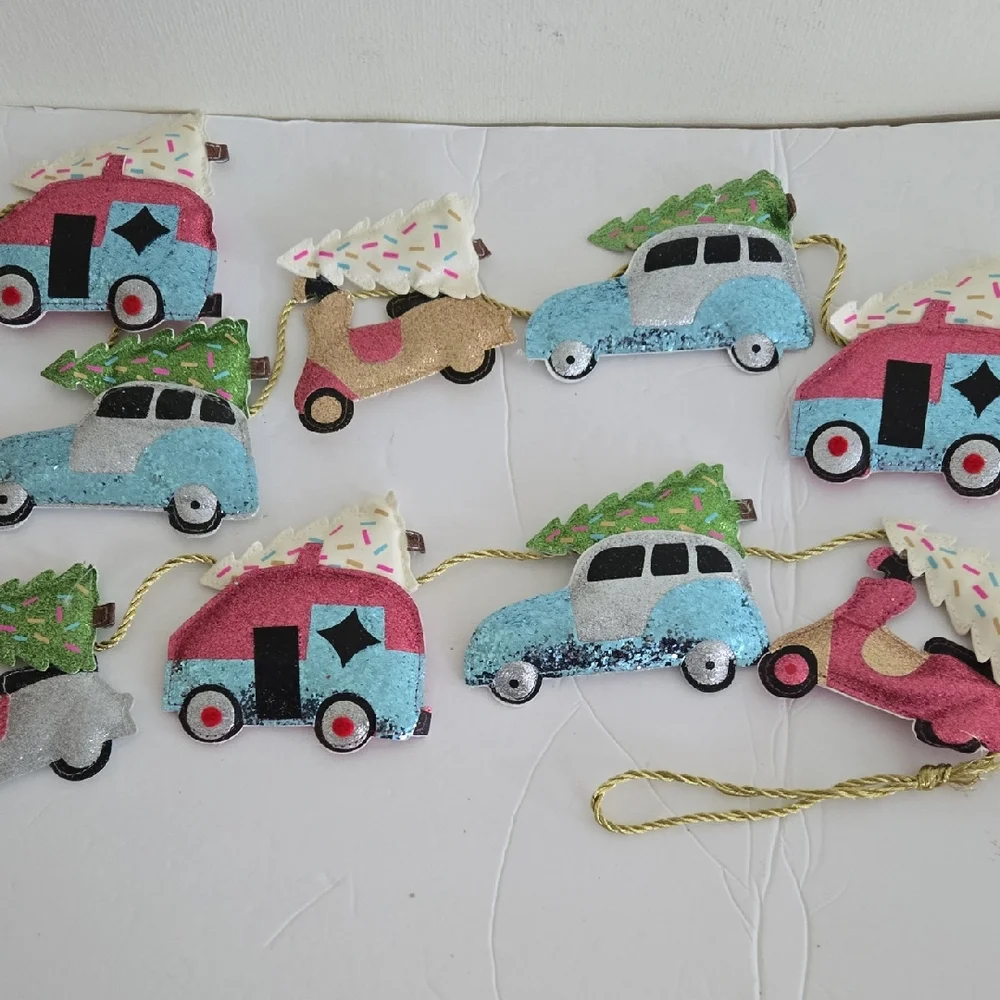 Glitter Colorful Car Scotter Camper Traveing Christmas Tree Garland Decor